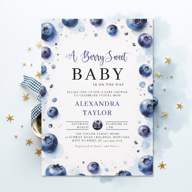 Invitation Ferme Sucrée aux Bleuets Baby Shower (berry sweet baby shower invitation boy blue blueberries rustic farmhouse chic watercolor)