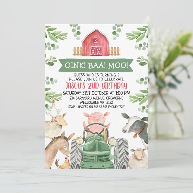 Invitation Ferme Tracteur Vert Oink Baa Moo 2e Anniversaire (Debout devant)