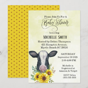 Invitation Ferme Vache noire Baby shower de tournesol jaune