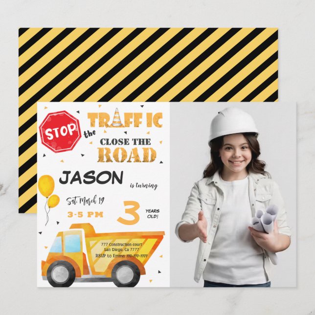 Invitation Fermer la construction de la route Photo Invitatio (Devant / Derrière)