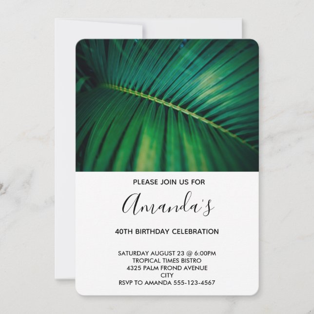Invitation Fermeture de la jambe verte Palm Frond Photo Anniv (Devant)