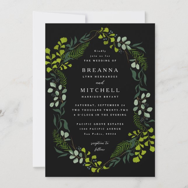 Invitation Fern Eucalyptus Mariage noir (Devant)