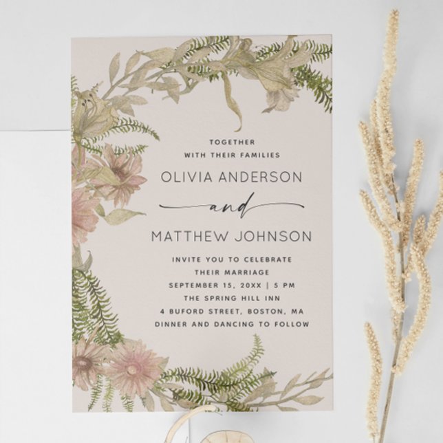 Invitation Fern & Floral Mariage | Boho Soft Warm Taupe + QR (Créateur téléchargé)