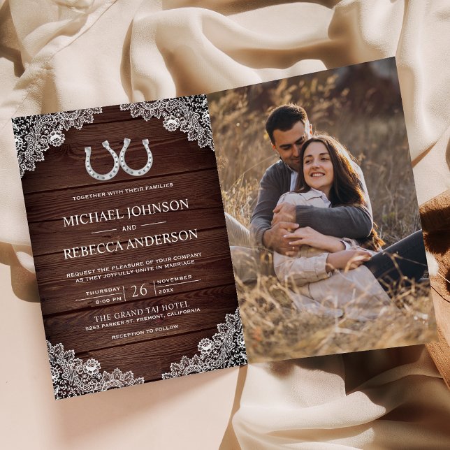 Invitation Fers à Cheval en Bois Rustique Mariage Code QR Pho (Créateur téléchargé)