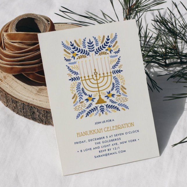Invitation Festif Aquarelle Menorah Floral Hanoukka PARTY (Hanukkah party invitation featuring gold menorah and candles and foliage in blue gold and white)