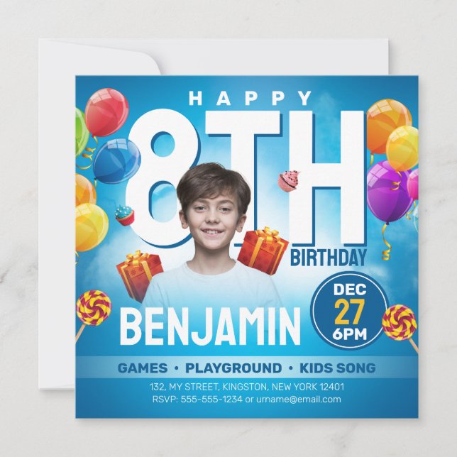 Invitation Festif Blue Kids Bithday Party Photo (Devant)