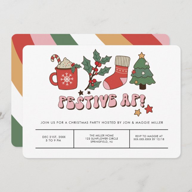 Invitation Festif coloré Retro Noël fête (Devant / Derrière)