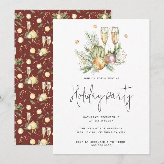 Invitation Festif Couleur rouge d'eau Champagne Noël (Devant / Derrière)
