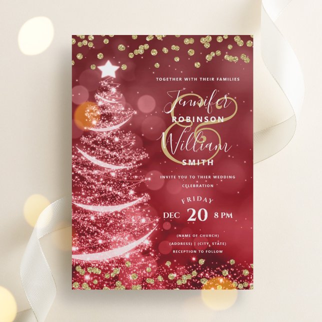 Invitation Festif de Noël Gold Red Mariage Arbre à étincelles (Festive Christmas Gold Red Wedding Sparkle Tree Invitation)