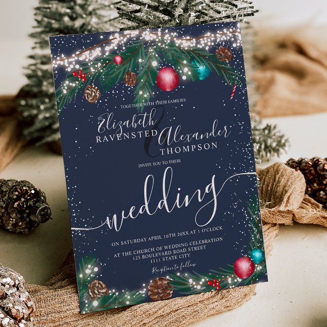 Invitation Festif feux de Noël pin branche neige mariage (Festive Christmas lights pine branch snow wedding Invitation on blue)