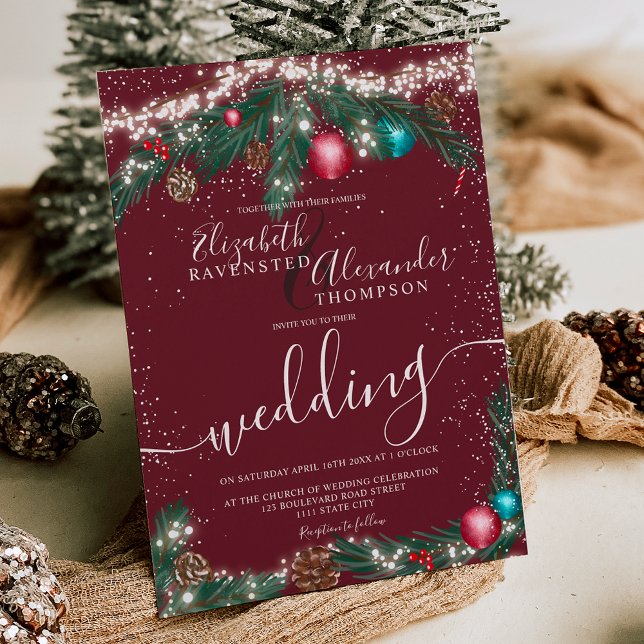 Invitation Festif feux de Noël pin branche neige mariage (Festive Christmas lights pine branch snow wedding Invitation on red)