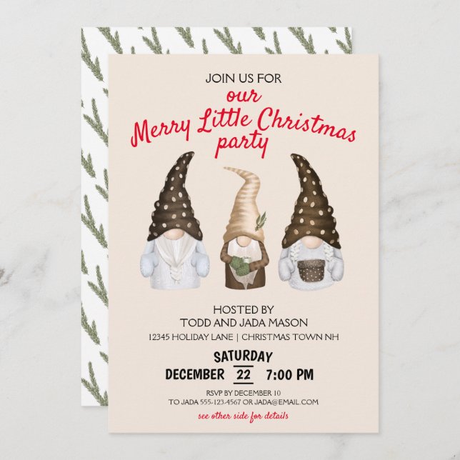 Invitation Festif Gnomes Beige Merry Little Christmas Party (Devant / Derrière)