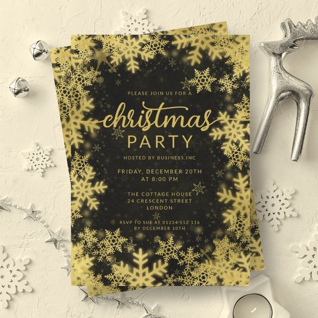 Invitation Festif Gold Black Foil Snowflakes Noël (Festive Gold Black Foil Snowflakes Christmas Invitation)