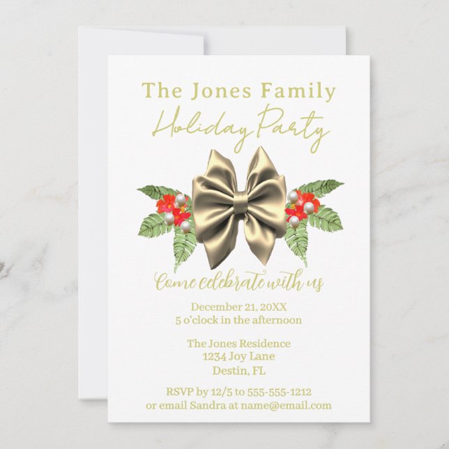 Invitation Festif Gold Bow, Green Floral White Holiday Party (Devant)