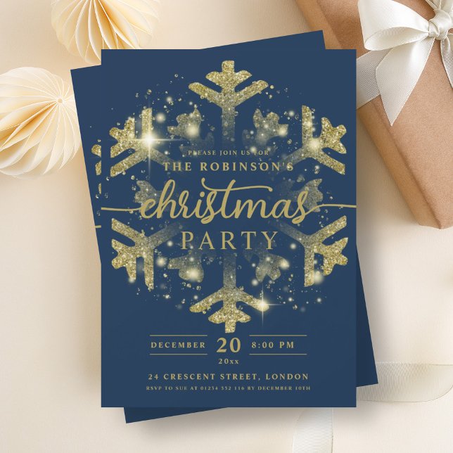 Invitation Festif Gold Hiver Snowflake Noël Marine (Festive Gold Winter Snowflake Christmas Navy Invitation)