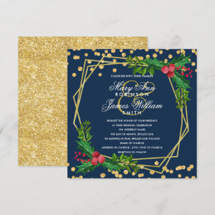Invitation Festif Gold Holiday Mariage de Noël Holly Navy
