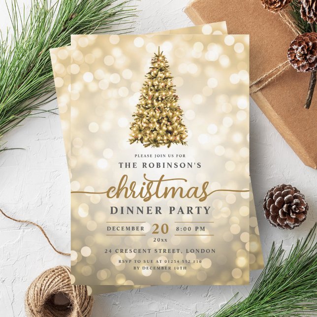 Invitation Festif Gold Pine Tree Lumières Noël (Festive Gold Pine Tree Lights Christmas Party Invitation)