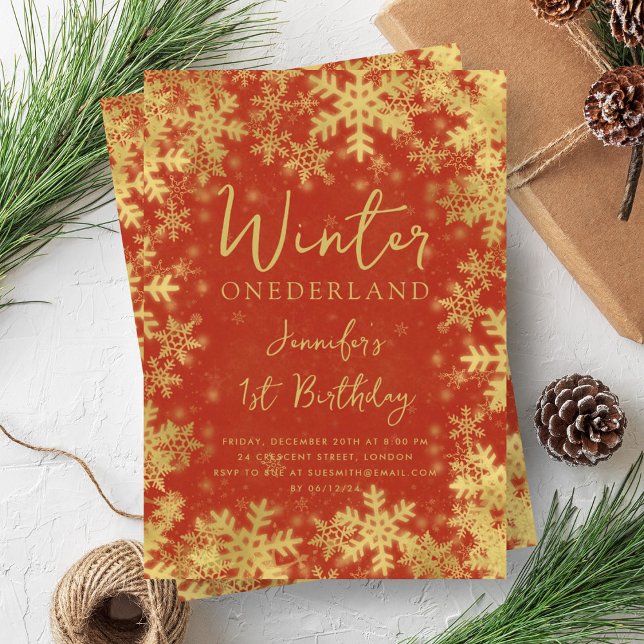 Invitation Festif Gold Red Winter ONEDERLAND 1er anniversaire (Festive Gold Red Winter ONEDERLAND 1st Birthday Invitation)