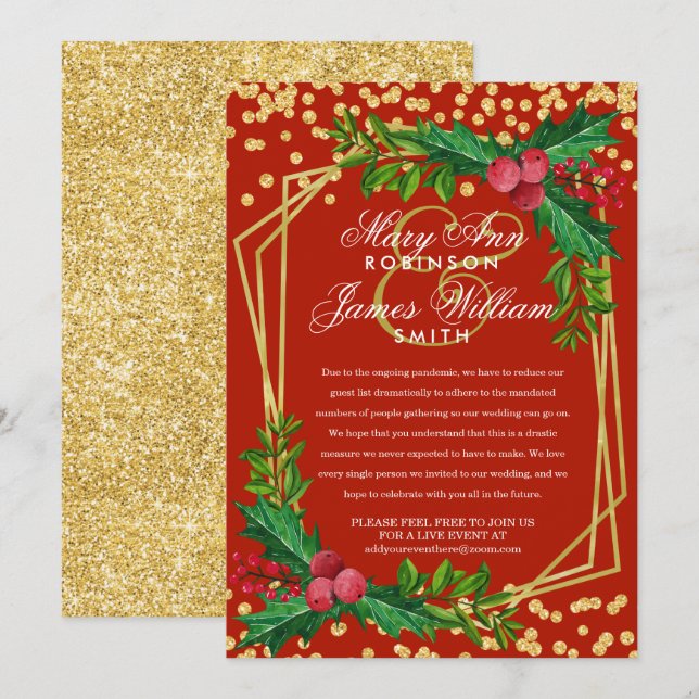 Invitation Festif Gold Réduit le Mariage de Noël Holly Red (Devant / Derrière)