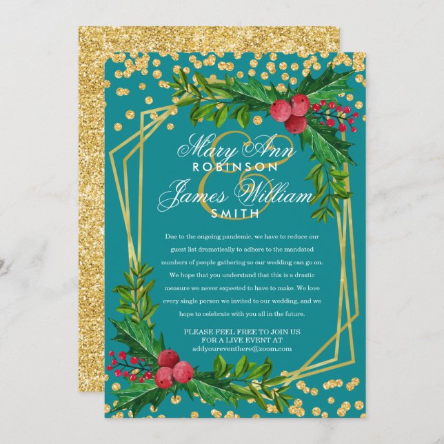Invitation Festif Gold Réduit Mariage de Noël Holly Turquoise (Devant / Derrière)