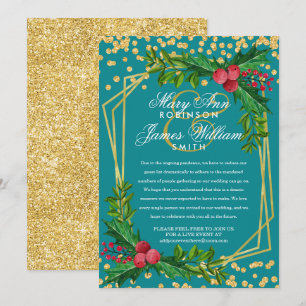 Invitation Festif Gold Réduit Mariage de Noël Holly Turquoise