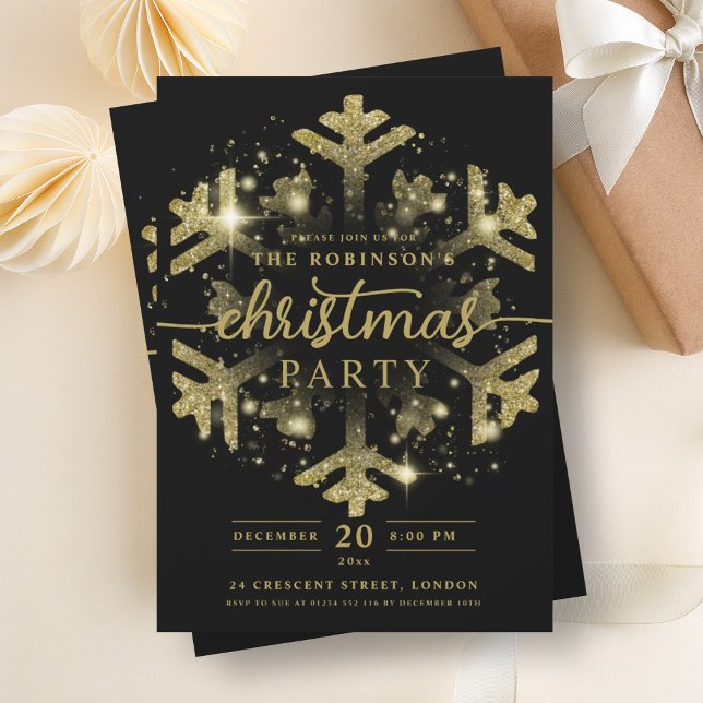 Invitation Festif Gold Winter Fnowflake Noël Noir (Festive Gold Winter Snowflake Christmas Black Invitation)