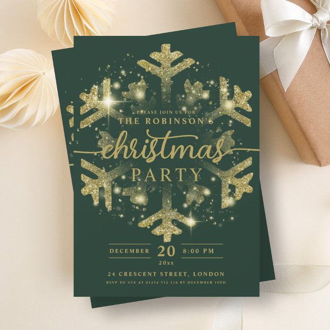 Invitation Festif Gold Winter Fnowflake Noël Vert (Festive Gold Winter Snowflake Christmas Green Invitation)