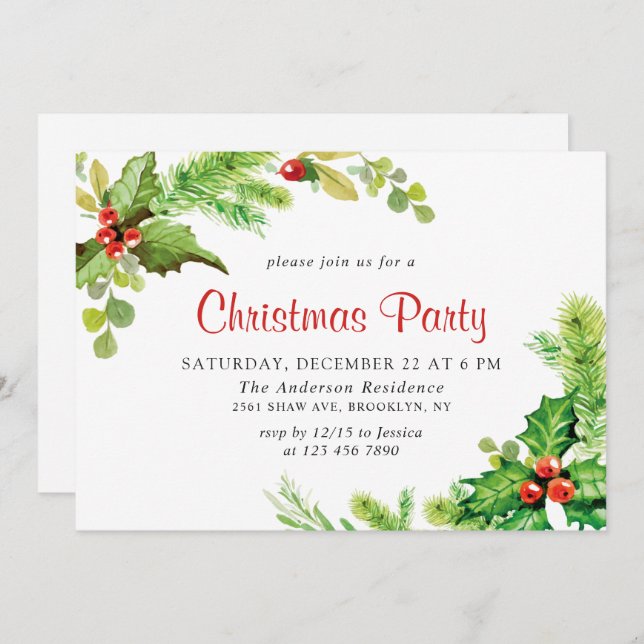Invitation Festif Holly Berry Wreath Fête de Noël (Devant / Derrière)