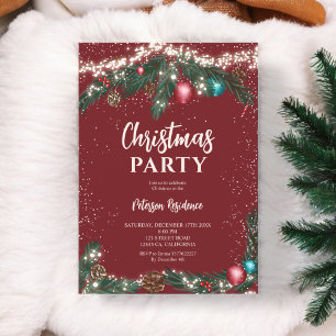 Invitation Festif lumières de Noël branches de pin neige roug