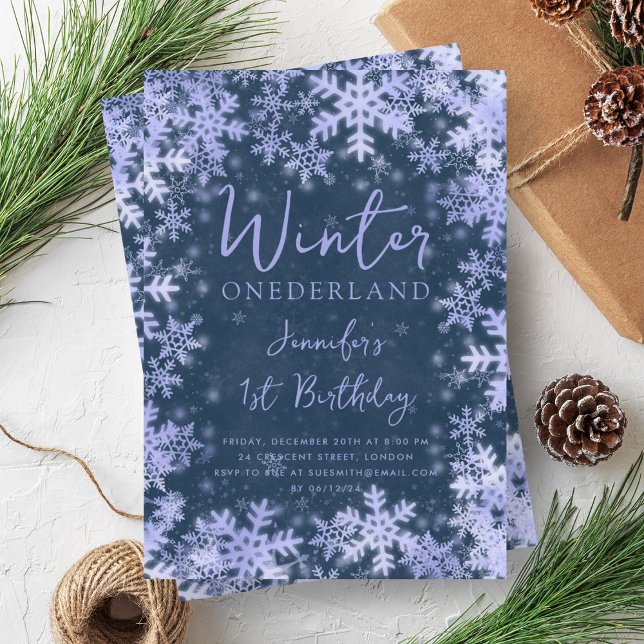 Invitation Festif Marine Bleu Hiver ONÉDORELANDE 1er annivers (Festive Navy Blue Winter ONEDERLAND 1st Birthday Invitation)
