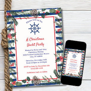 Invitation Festif moderne Bleu rayé Noël Yacht Party