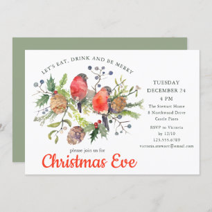 Invitation Festif Noël Eve Aquarelle Bullfinch Floral