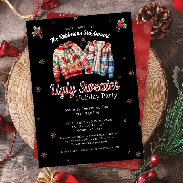 Invitation Festif noir annuel laide fête de Noël (Festive sparkling ugly sweater contest holiday christmas party invitation for work corporate home)