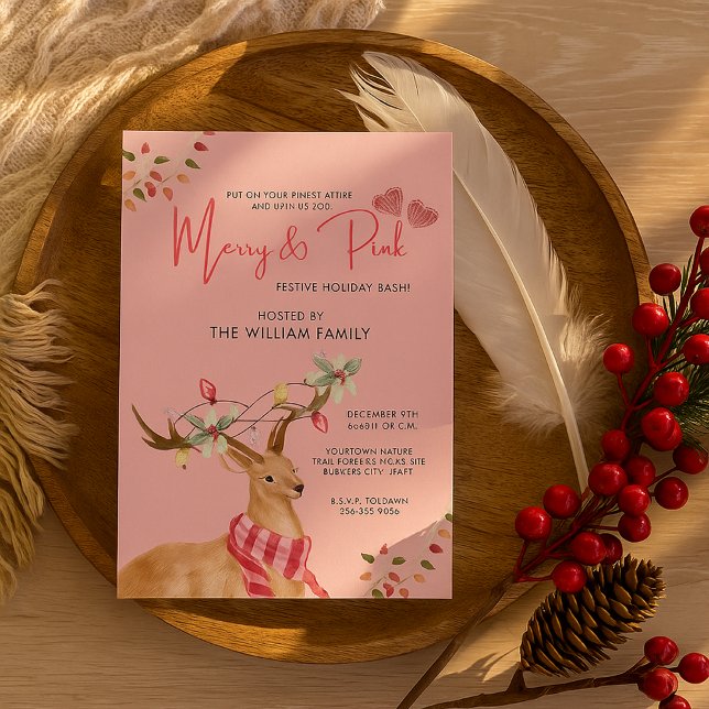 Invitation Festif Reindeer Joyeux et Rose Noël (Créateur téléchargé)