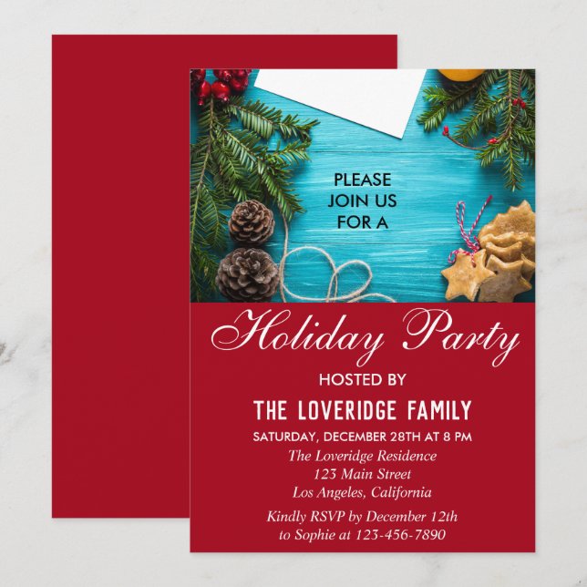 Invitation Festif Rouge & Bleu Fête de Noël Pays (Devant / Derrière)