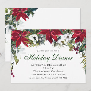 Invitation Festif Rouge Poinsettia Noël Dîner de Noël