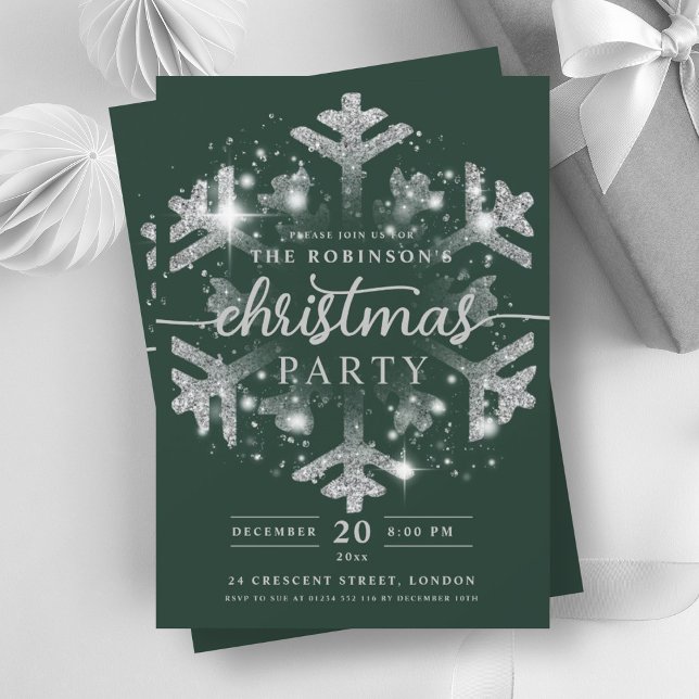 Invitation Festif Silver hiver Flambeau de neige vert Noël (Festive Silver Winter Snowflake Christmas Green Invitation)