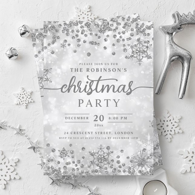 Invitation Festif Silver Winter Diamonds Noël (Festive Silver Winter Diamonds Christmas Party Invitation)