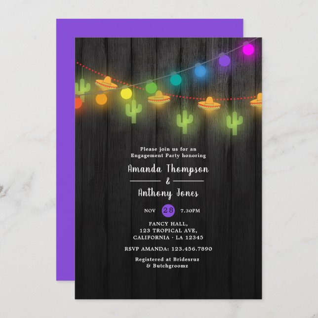Invitation Festif String Lights Fiesta Engagement Party (Devant / Derrière)