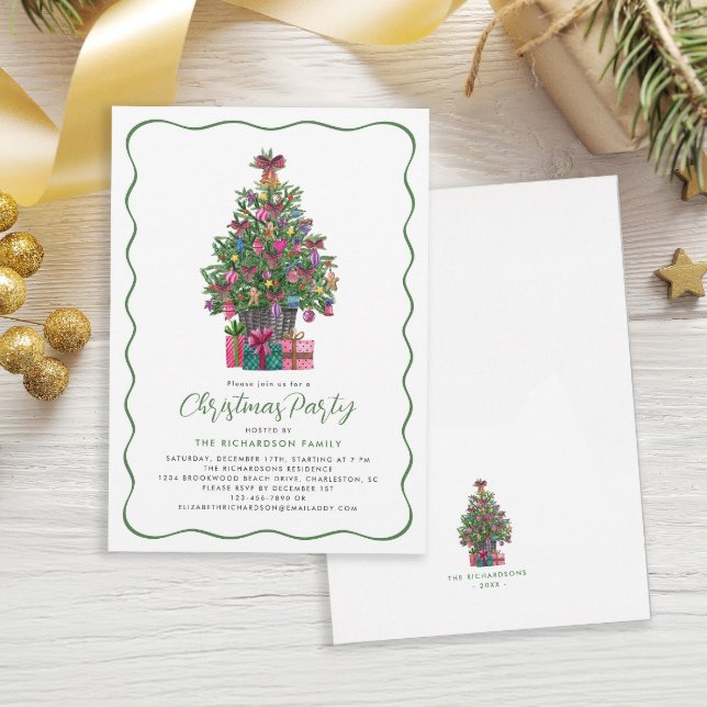 Invitation Festif Whimsical Christmas Tree Party Green (Festive Whimsical Christmas Tree Party Green Invitation)