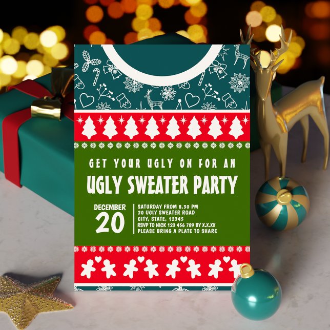 Invitation Festin Bleu Rouge et Vert Douleur moche Fête de No (Festive Blue Red and Green Ugly Sweater Xmas Party Invitation)