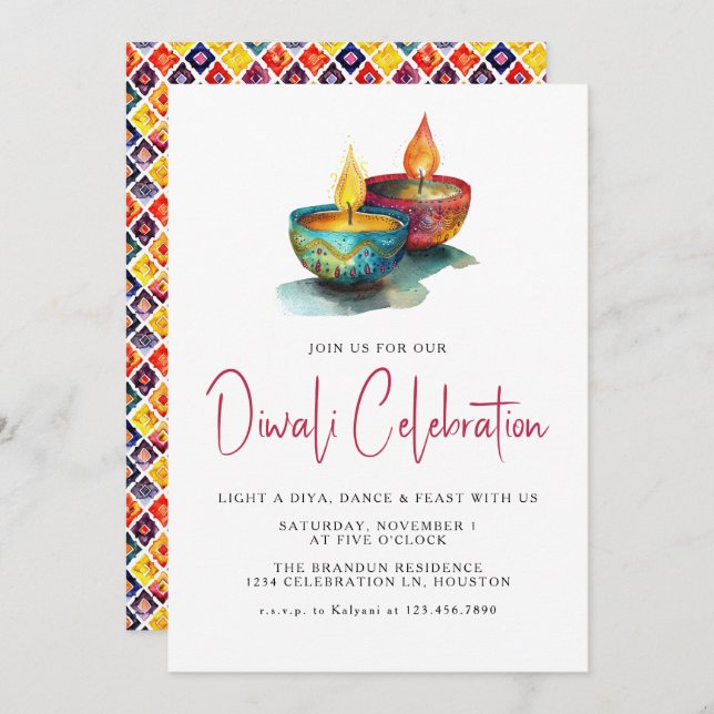 Invitation Festival d'aquarelle moderne Diya Diwali (Devant / Derrière)