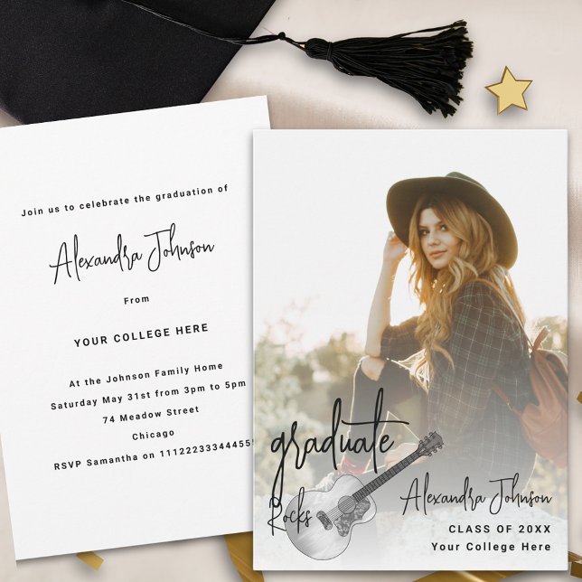 Invitation Festival de musique de photo moderne (Modern trendy vertical photo Graduation announcement party invitation rustic country music guitar)