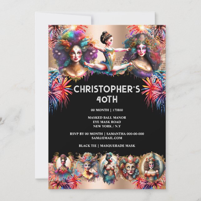 Invitation Festival spectacle coloré feu d'artifice carnaval (Devant)