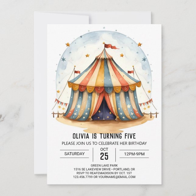 Invitation Festival Whimsical pour enfants Cirque Anniversair (Devant)