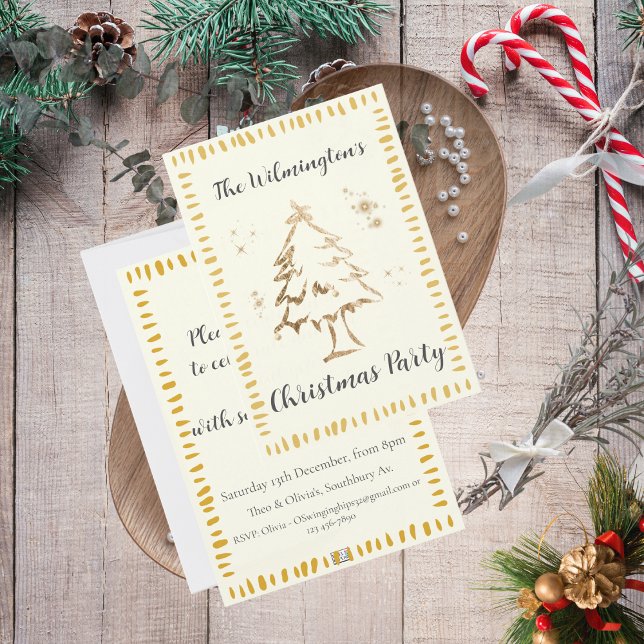 Invitation Festive Arbre d'Or Noël (Festive Golden Tree Christmas Party Invitation)