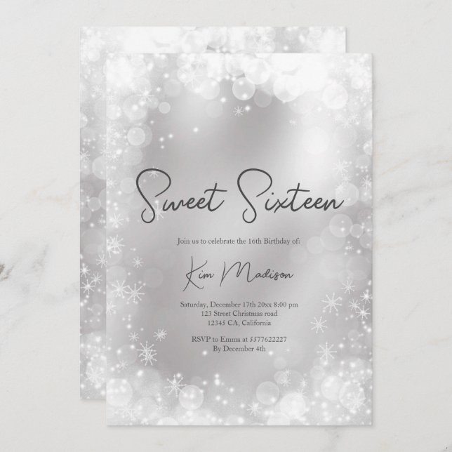 Invitation Festive argent blanc neige élégante chic doux 16 (Devant / Derrière)