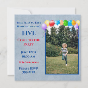 Invitation Festive Ballons Photo Blue Boy's Birthday Party