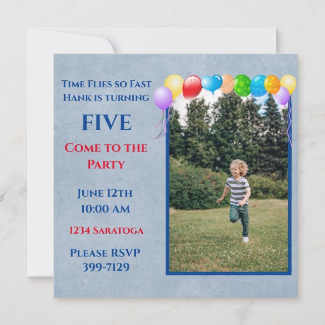 Invitation Festive Ballons Photo Blue Boy's Birthday Party (Devant)