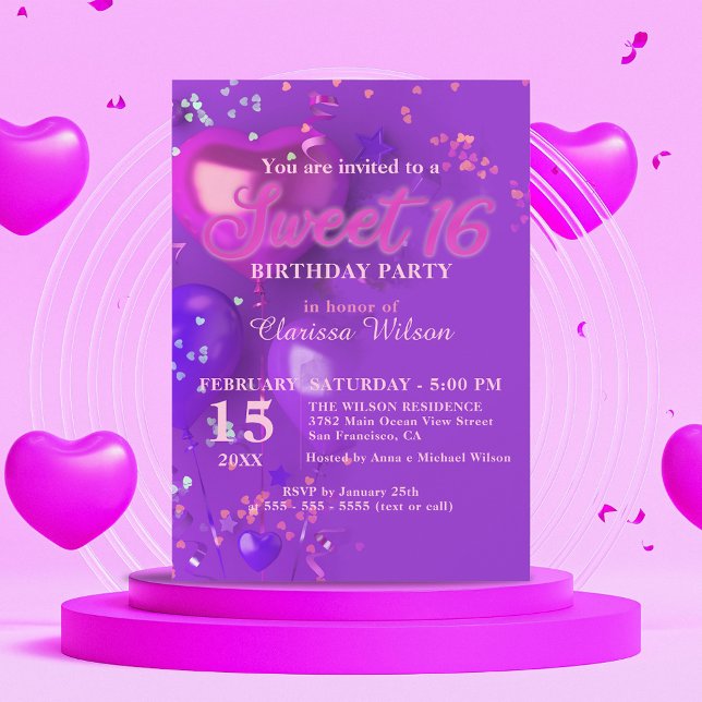 Invitation Festive Ballons violet et rose Confetti Sweet 16 (Créateur téléchargé)